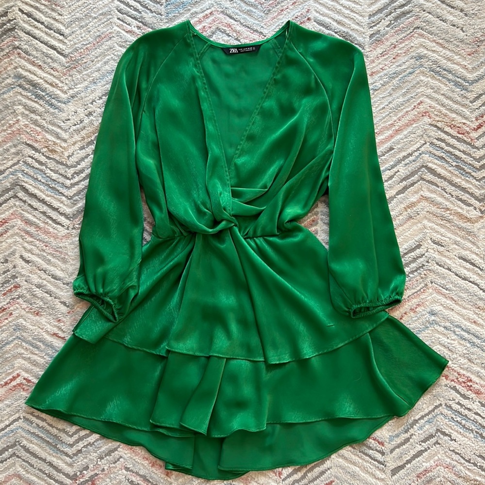 ZARA Satin Effect Mini Dress in vivid green